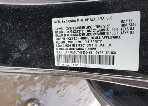2017 Honda Ridgeline Rtl from USA, damaged, VIN 5FPYK3F57HB030425